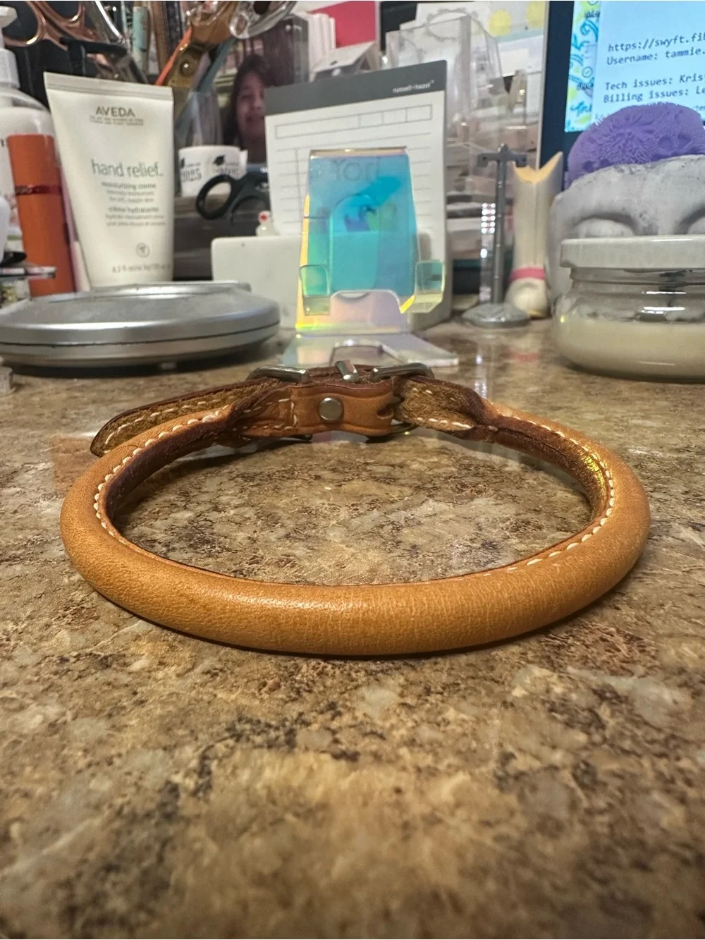 Round Buckle Dog Collar in Tan Leather